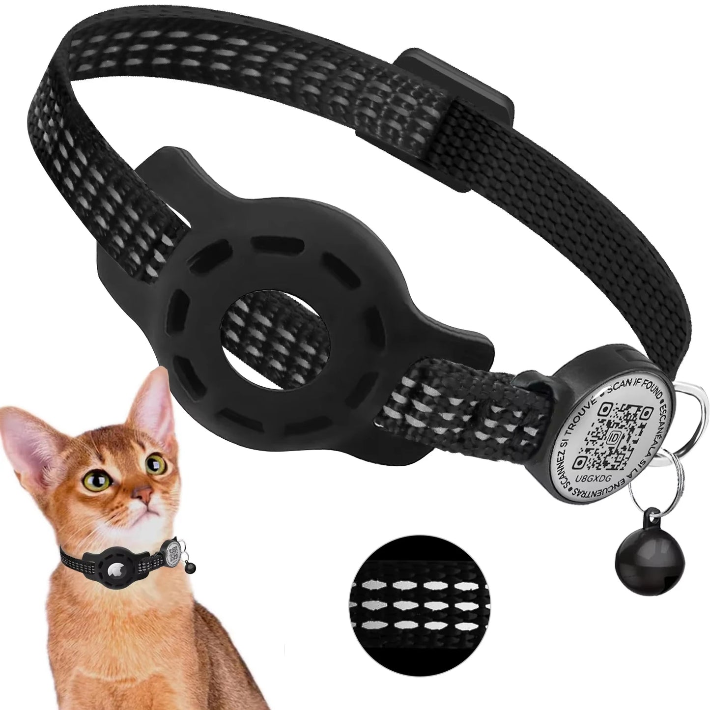 Cat GPS Collar with QR Code Tag & Airtag Case  Reflective Apple Tag Cats Collar for Tracker Pet Breakaway Air Tag Kitten Collar