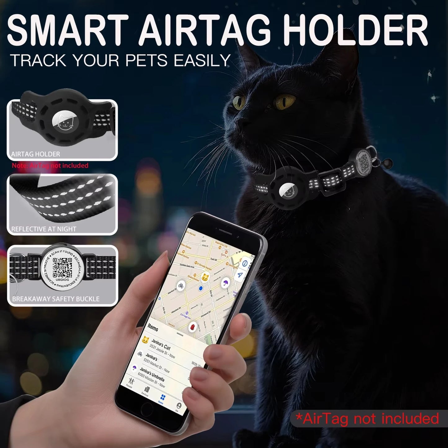 Cat GPS Collar with QR Code Tag & Airtag Case  Reflective Apple Tag Cats Collar for Tracker Pet Breakaway Air Tag Kitten Collar