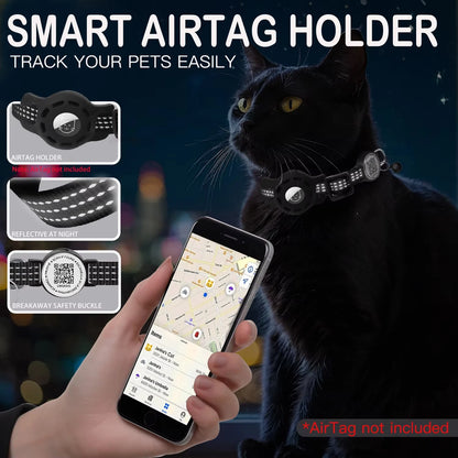 Cat GPS Collar with QR Code Tag & Airtag Case  Reflective Apple Tag Cats Collar for Tracker Pet Breakaway Air Tag Kitten Collar
