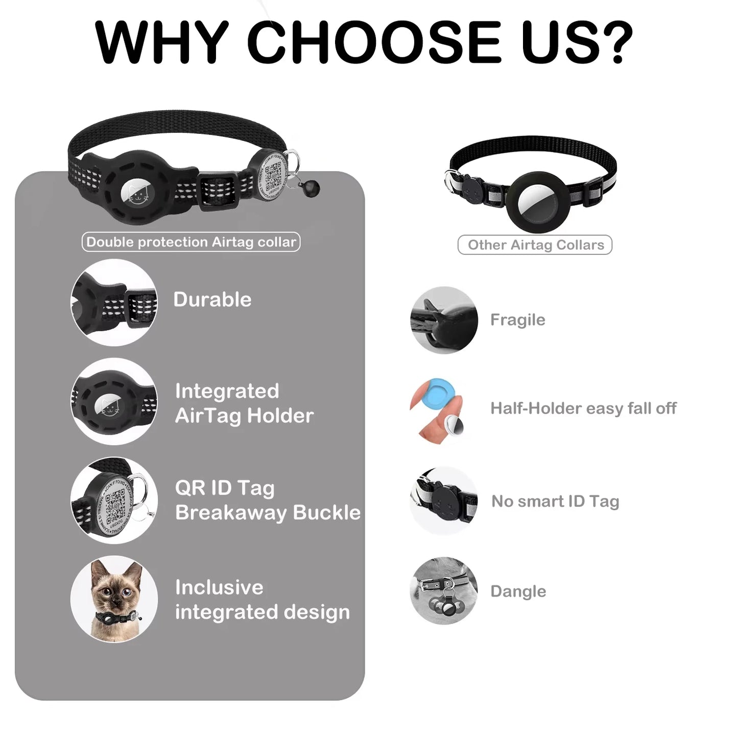 Cat GPS Collar with QR Code Tag & Airtag Case  Reflective Apple Tag Cats Collar for Tracker Pet Breakaway Air Tag Kitten Collar