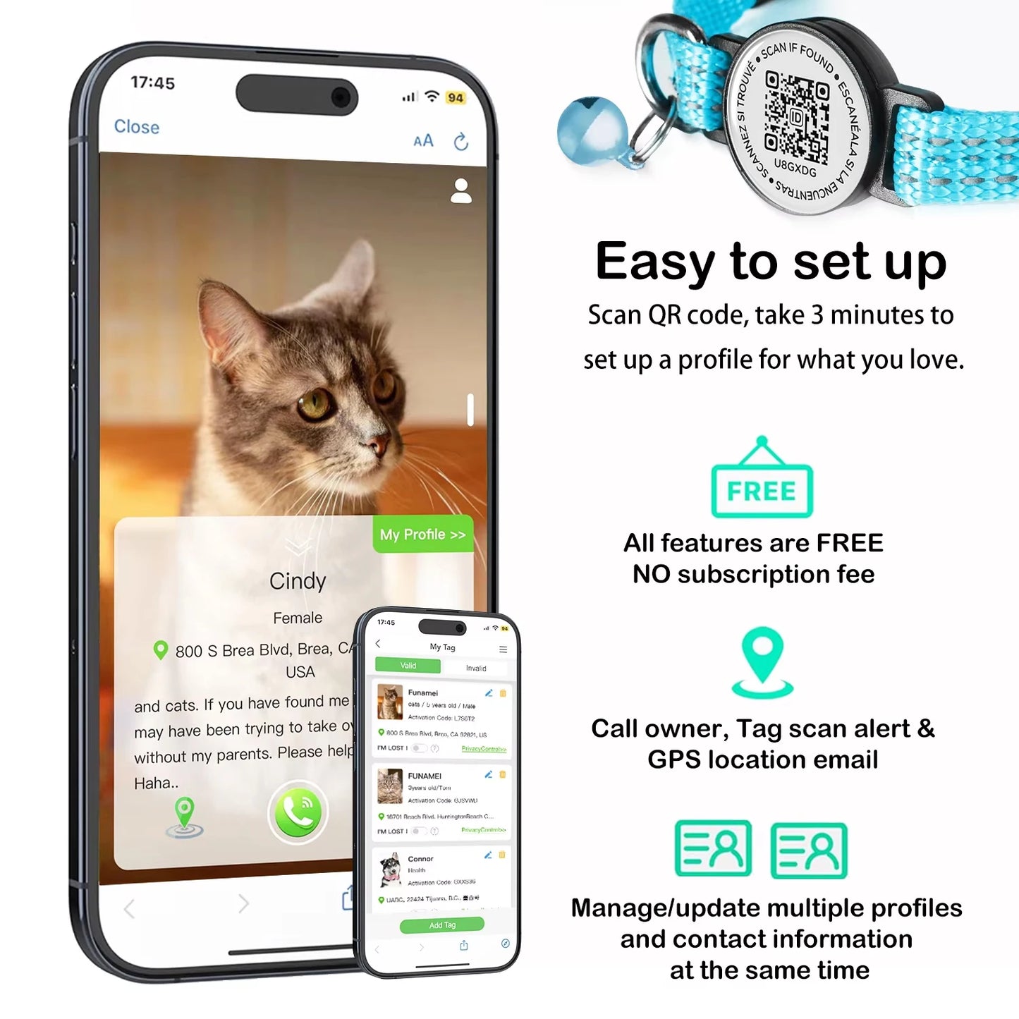 Cat GPS Collar with QR Code Tag & Airtag Case  Reflective Apple Tag Cats Collar for Tracker Pet Breakaway Air Tag Kitten Collar