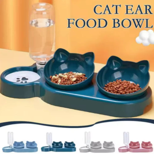 Triple Cat Bowls Pet Feeder, 2-in-1 Double Bowls with Automatic Drinking Bottle, Tilted and Rotatable Design for Cats and Dogs